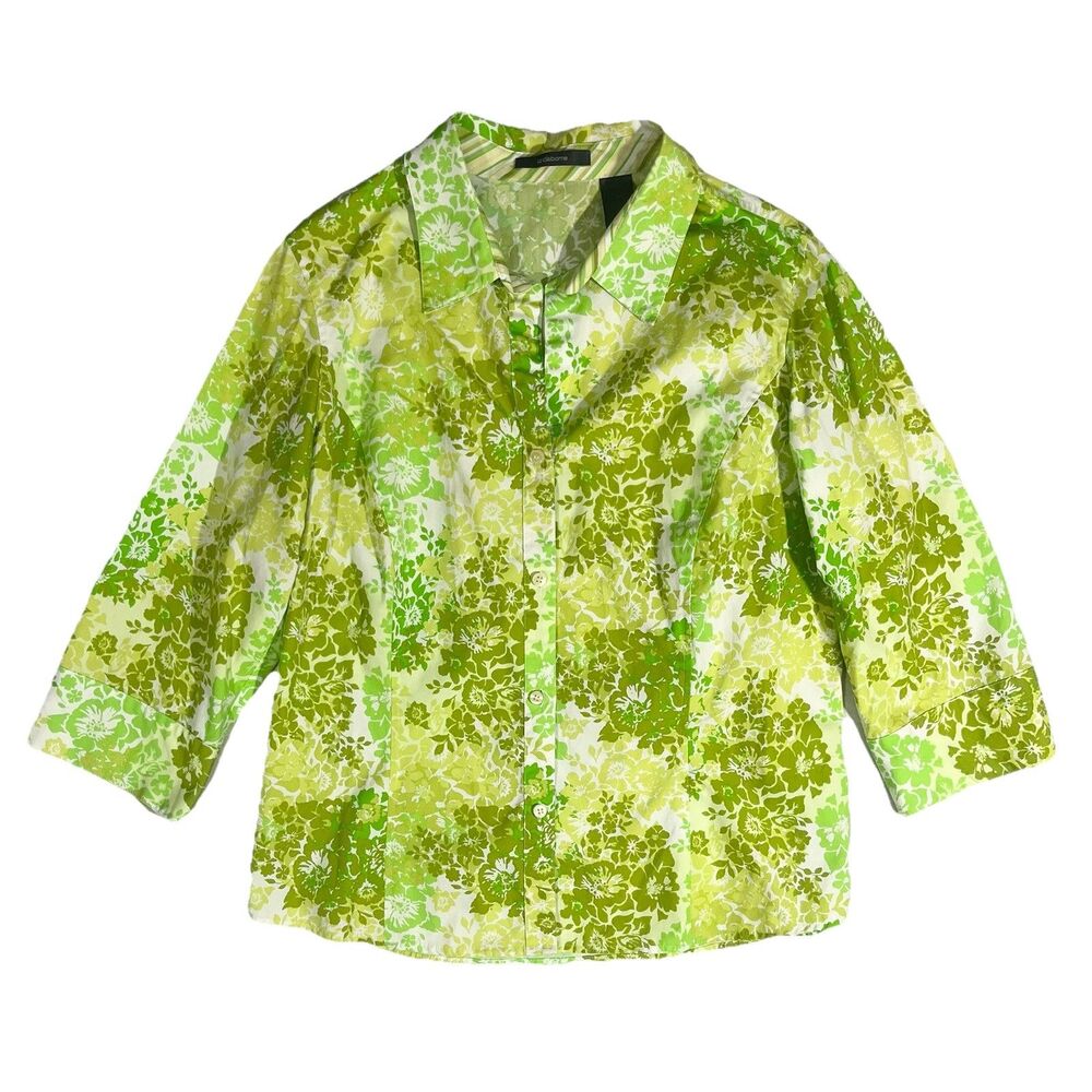 Liz Claiborne Size 14 Green White Button Down Floral Shirt Blouse 3/4 Sleeve